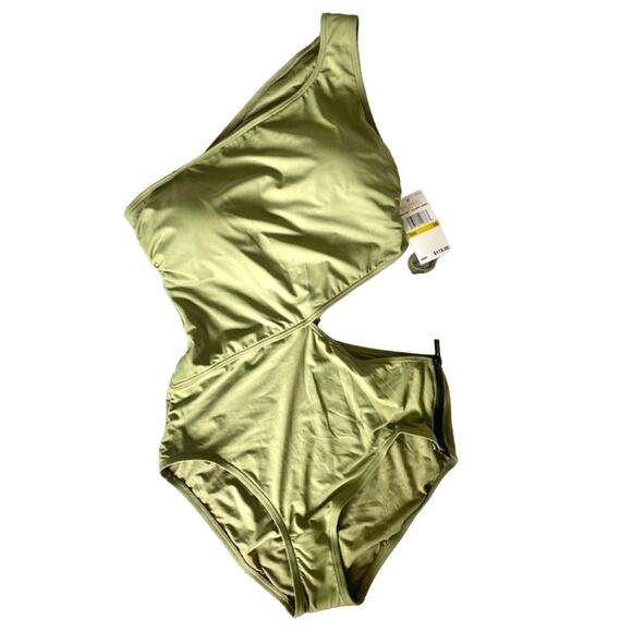 Michael Kors Army Green One Shoulder Cutout One Piece Swimsuit Size 14 - Picture 4 of 13